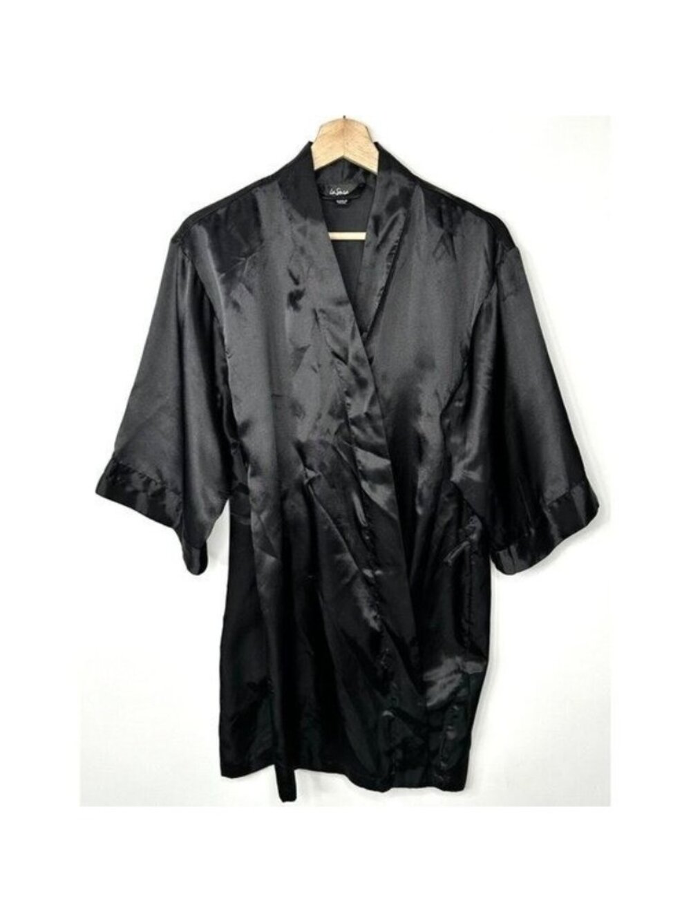 La Senza Satin Kimono Robe Womens M Black Rhinestone Y2K Glam Silky Loungewear